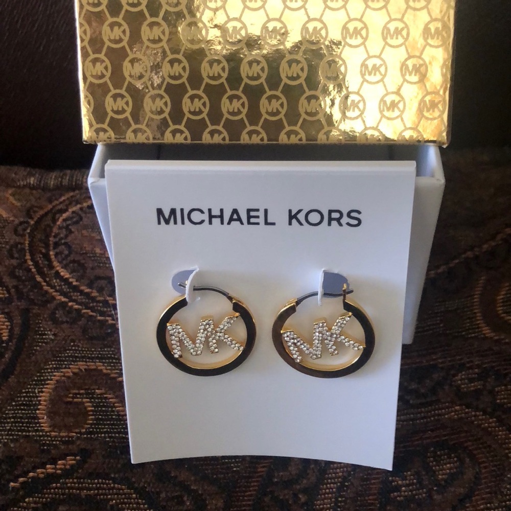 Michael Kors Gold-Tone Plated Brass Pavé Logo Hoop Earrings